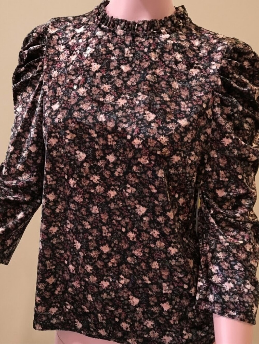Cece Women's Floral Velvet Puff-Sleeve Top - Brown with Accent Miniature Flowers